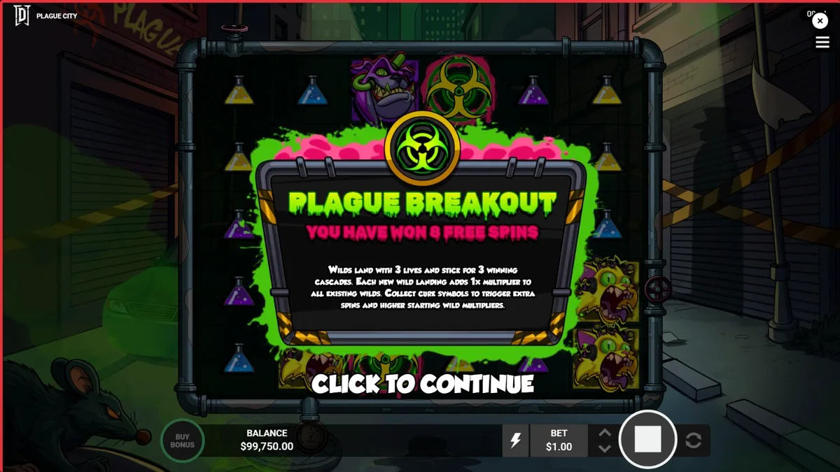 The dark, gritty interface of the Plague City slot featuring a masked scientist and neon-lit urban decay.