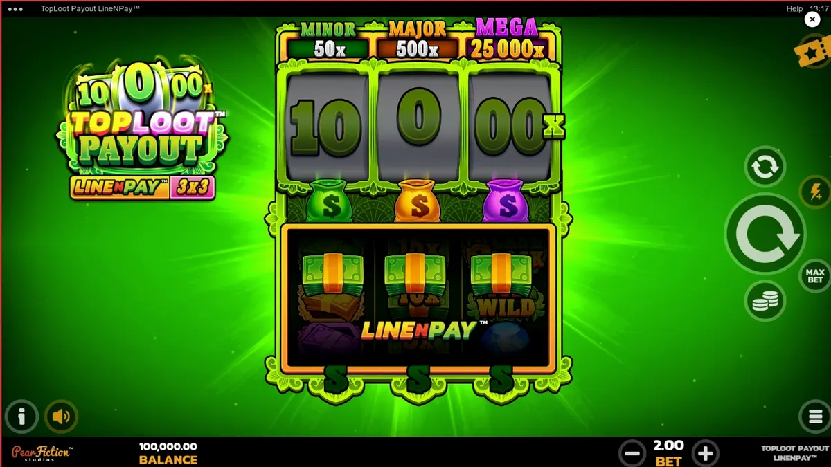 TopLoot Payout LineNPay سلاٹ گیم کا بصری منظر جس میں خزانے اور سونے کے سکے دکھائے گئے ہیں۔