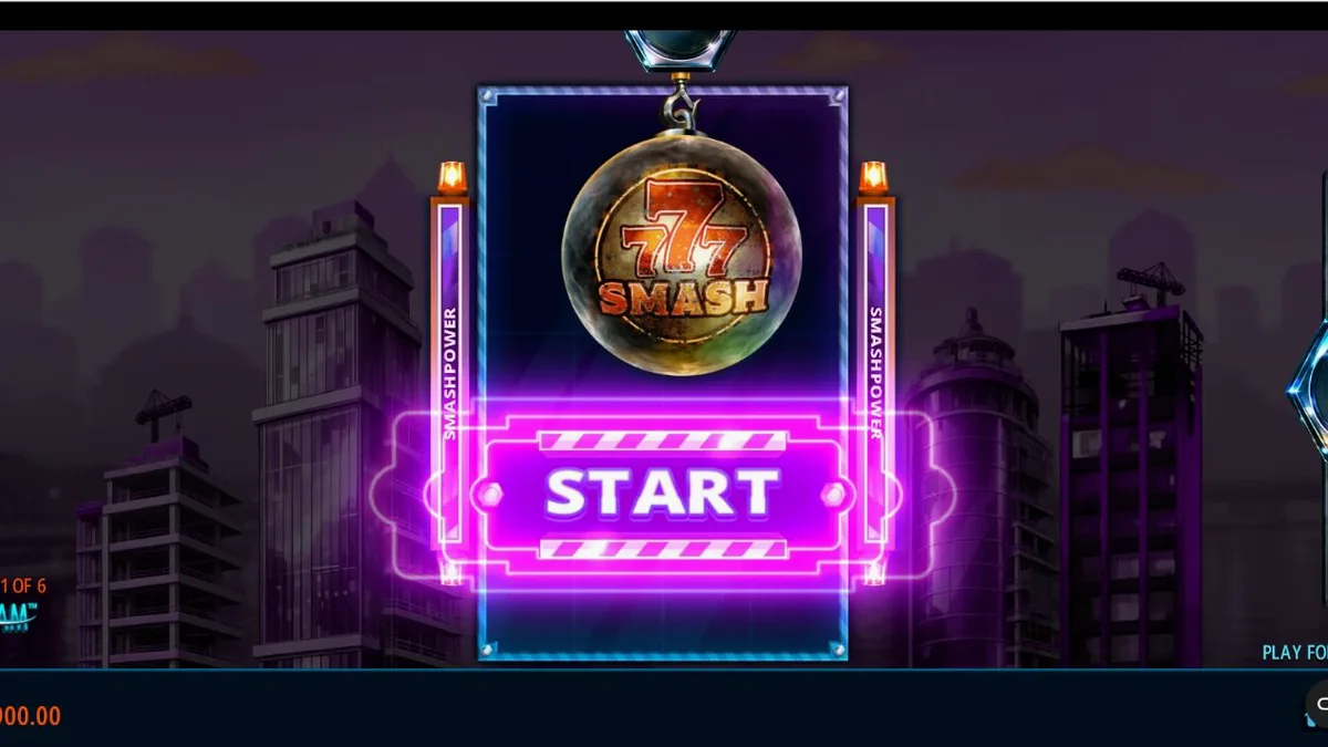777 Smash slot mobile interface showing the construction site theme and wrecking ball mechanics.